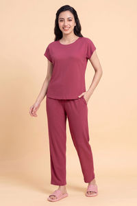 Zivame Seersucker Knit Cotton Pyjama Set - Red Violet — thumbnail 2